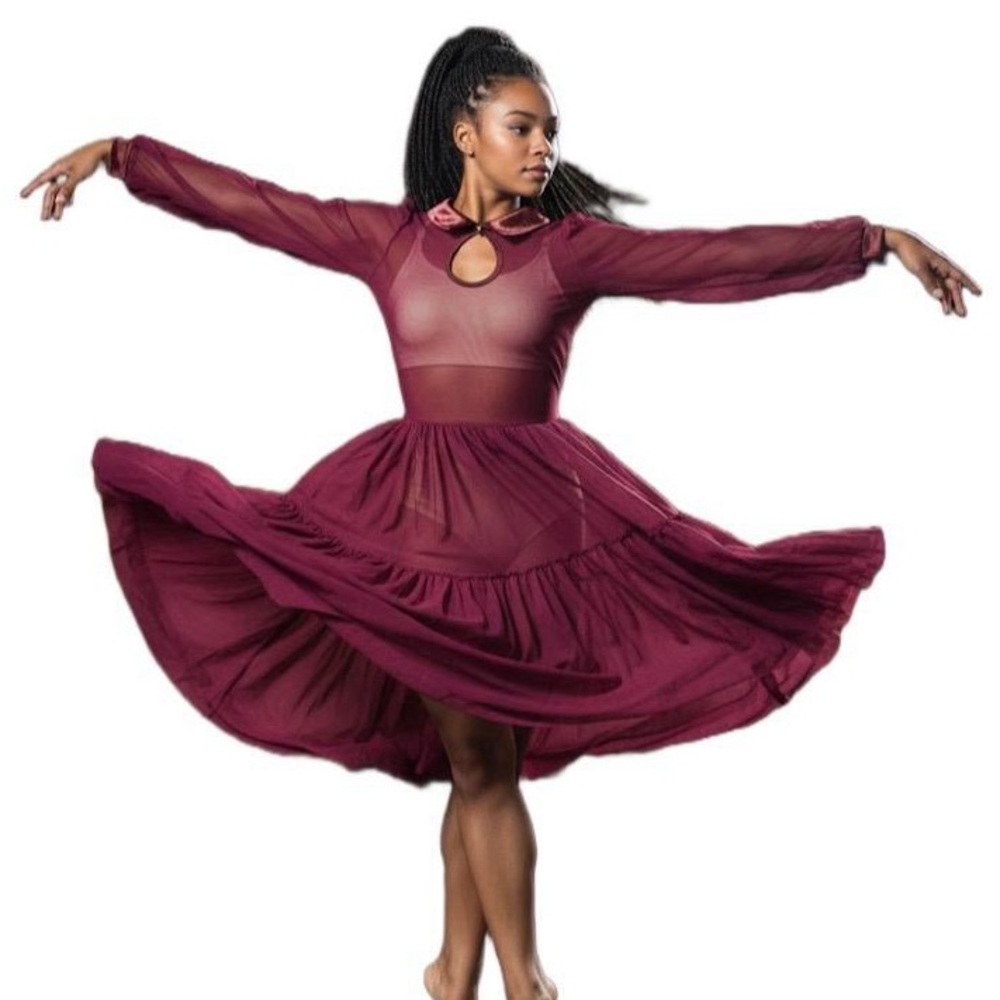 Double Platinum Burgundy wine Sheer Ruffled Tiered Long Sleeve Dress Adult M‎